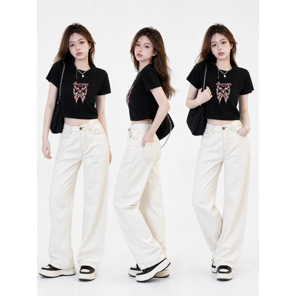 Women's Black Summer Cropped Graphic T-Shirt lifestyle view