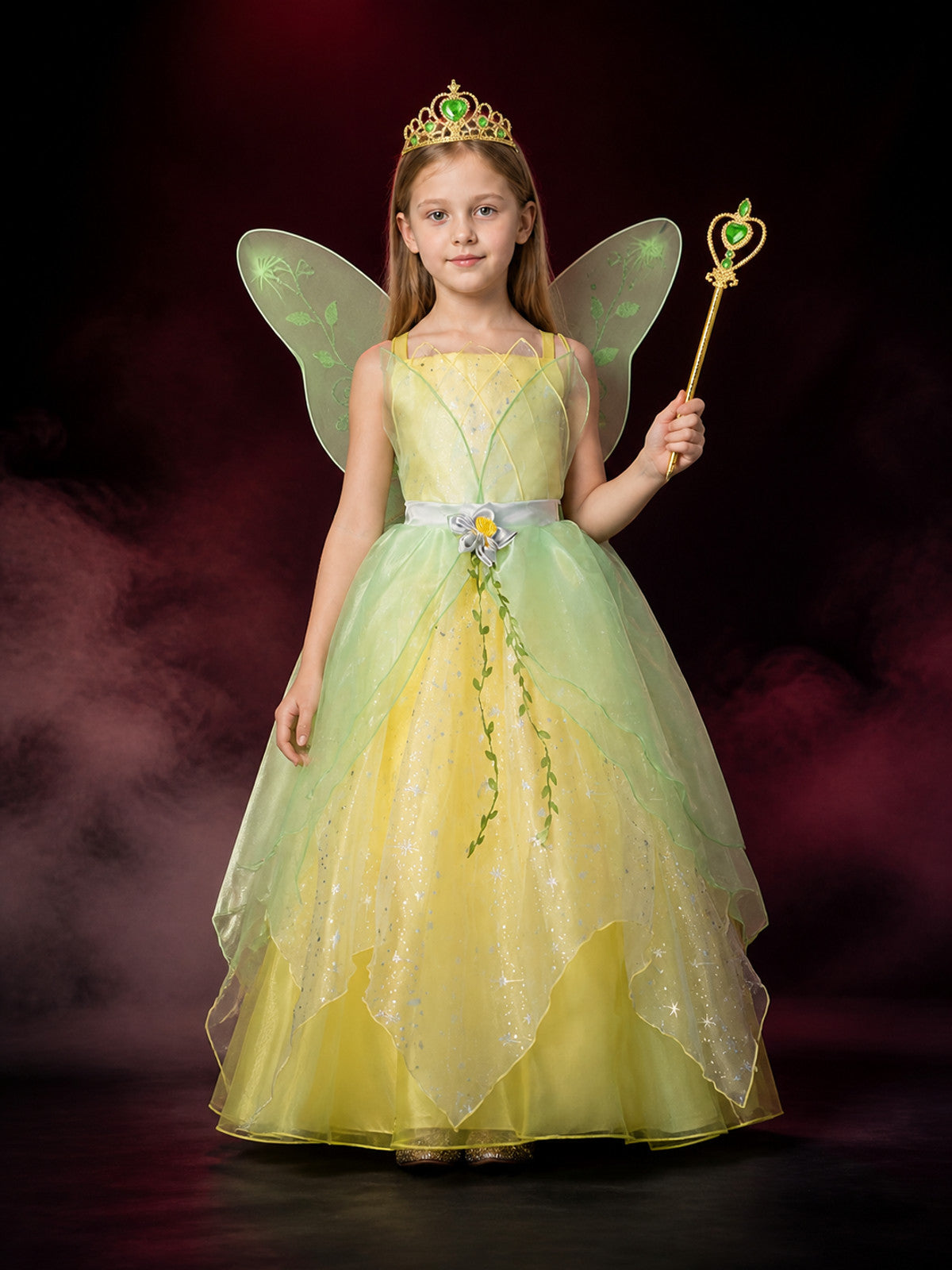 Girls Princess Dress Costume Set with Crown and Magic Wand, Green and Yellow main product view