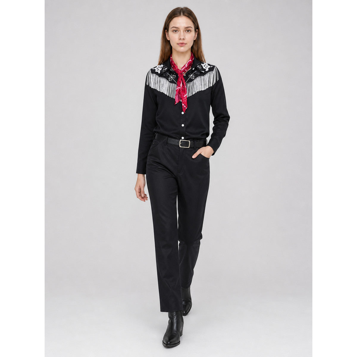 Cowboy cosplay costume: shirt, pants, hat on-model walking view
