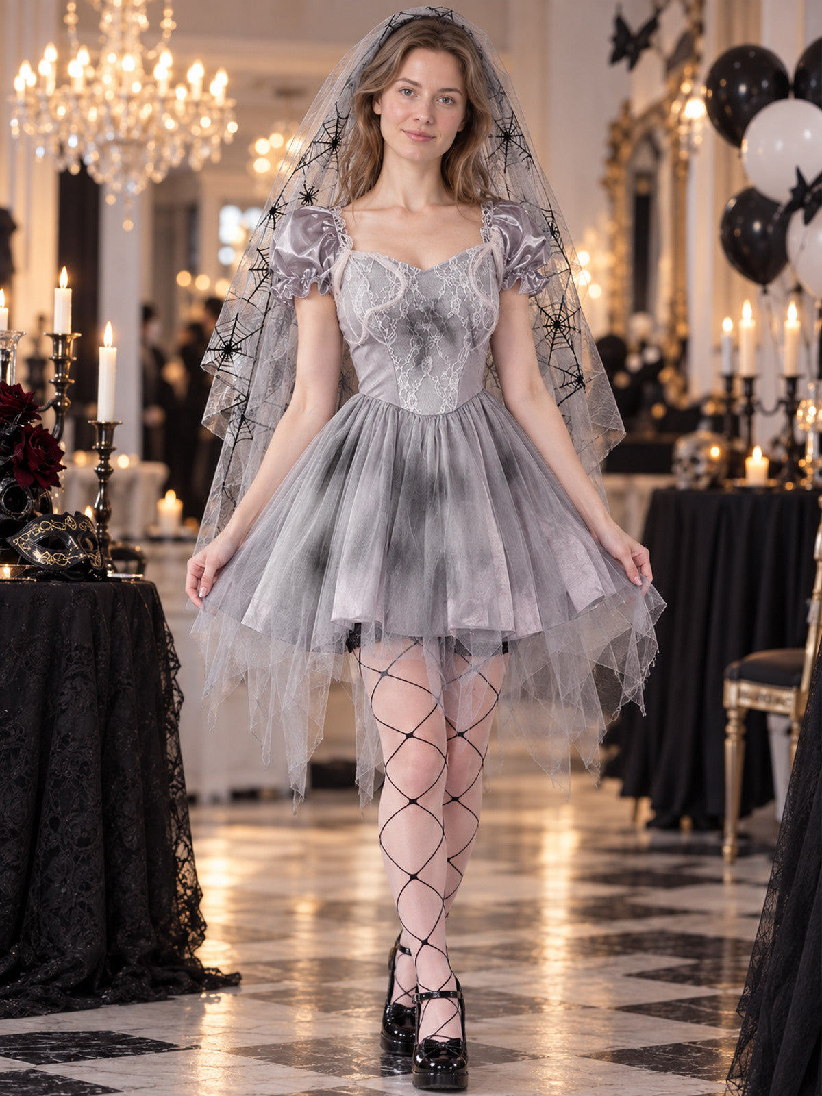 Carnival Cosplay Costume Gray Dress Veil Stockings