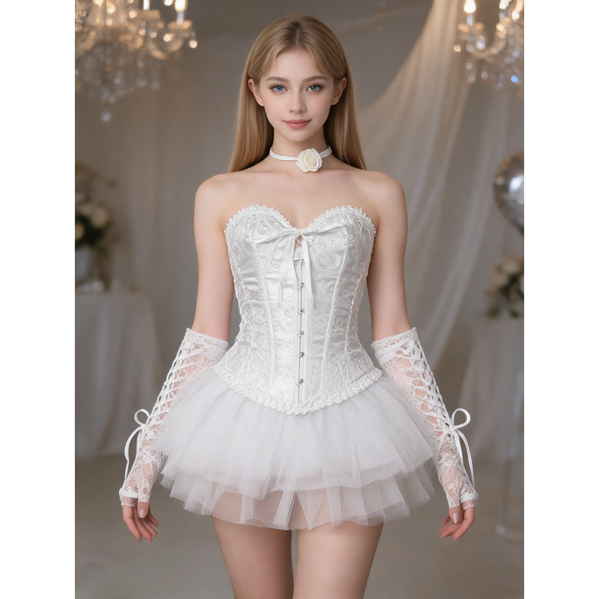 White costume with a full skirt and gloves for a masquerade lifestyle view