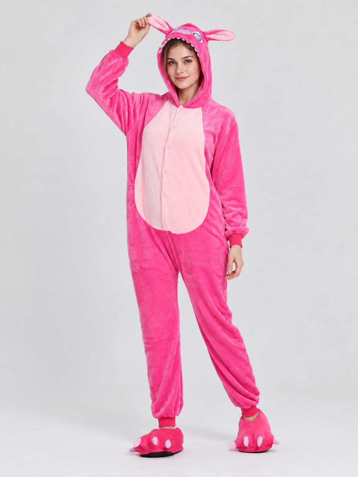 Bright Pink Hooded Pajama Jumpsuit with Ears