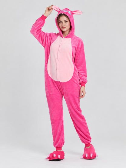 Bright Pink Hooded Pajama Jumpsuit with Ears