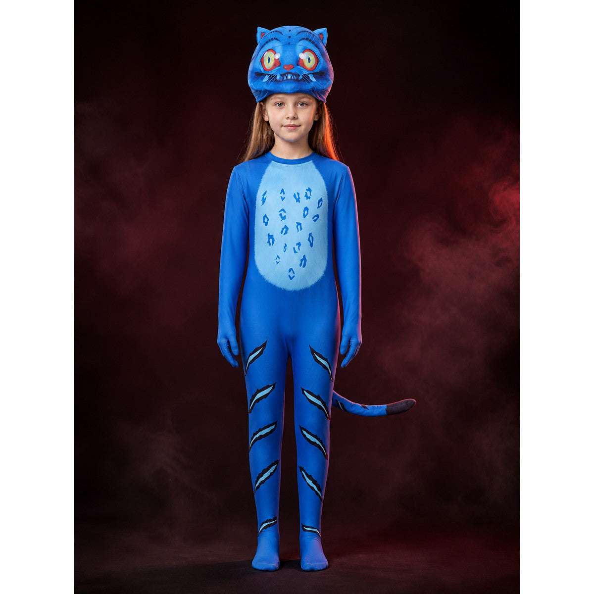 Kids Blue Tiger Costume Set with Headpiece, Striped Footed Bodysuit, and Tail main product view