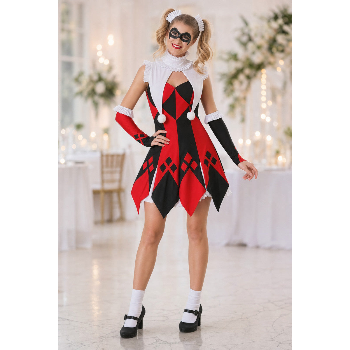 Harlequin Carnival Costume with Mask and Gloves lifestyle view