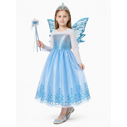 Blue Princess Costume with Butterfly Wings and Crown Costume Headwear detail