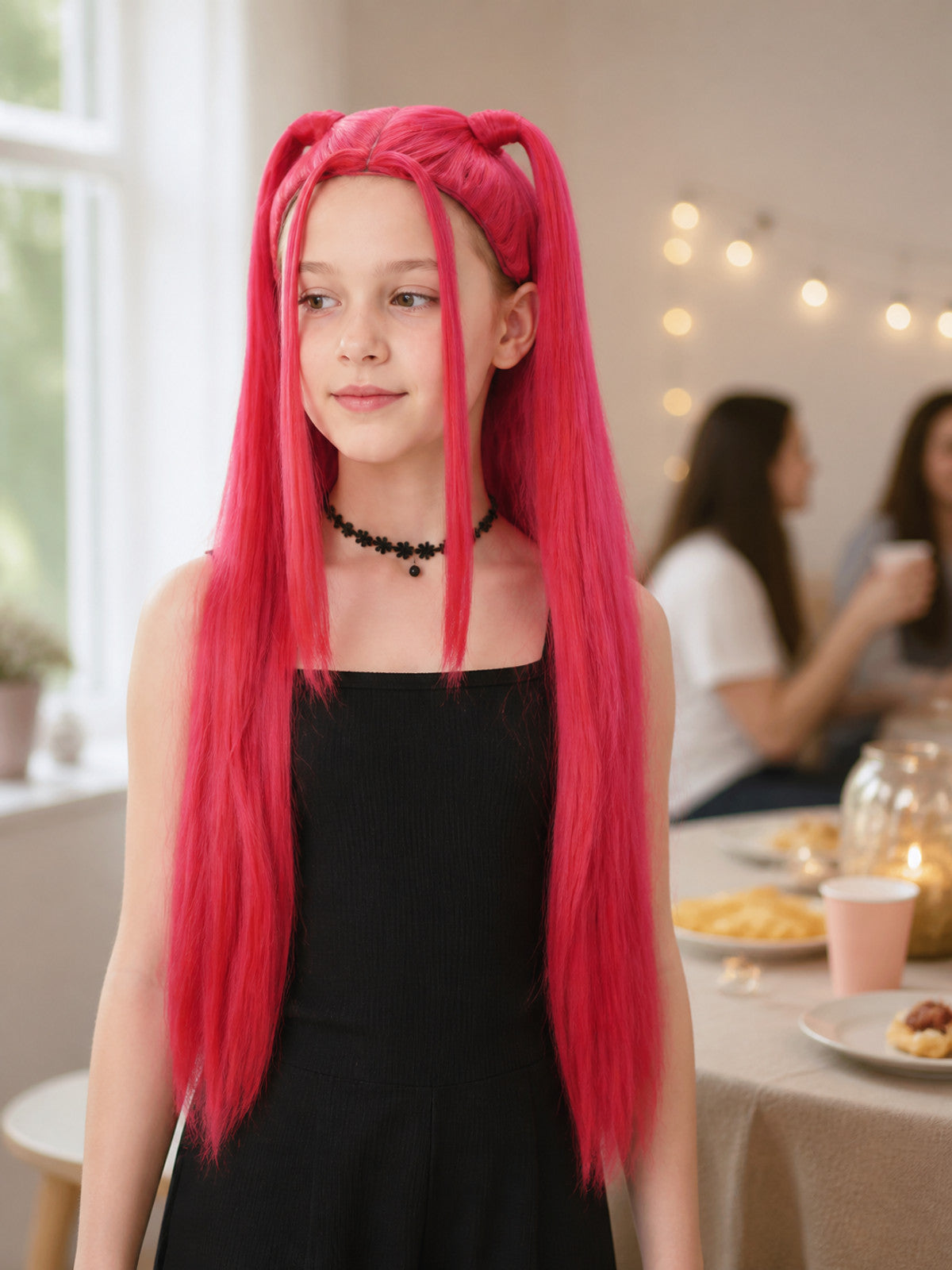 Pink and Red Carnival Wig for Halloween and Cosplay lifestyle view