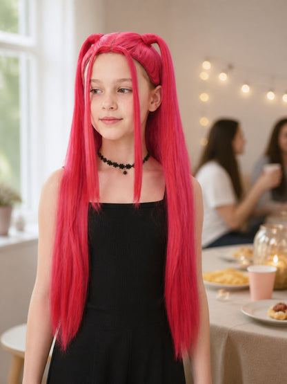 Pink and Red Carnival Wig for Halloween and Cosplay lifestyle view