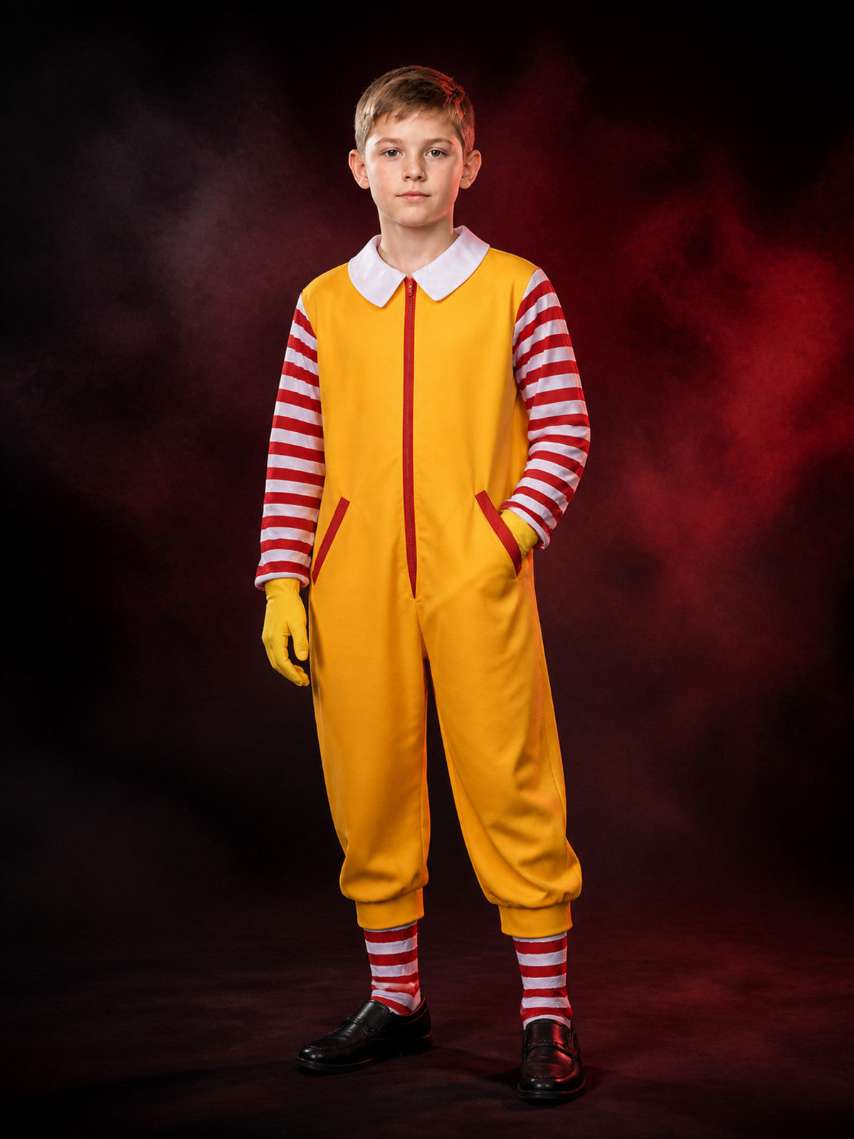 Yellow Clown Jumpsuit Costume With Red and White Striped Sleeves and Legs main product view