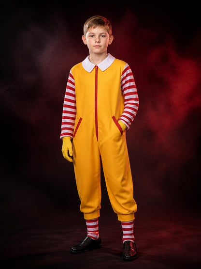Yellow Clown Jumpsuit Costume With Red and White Striped Sleeves and Legs main product view