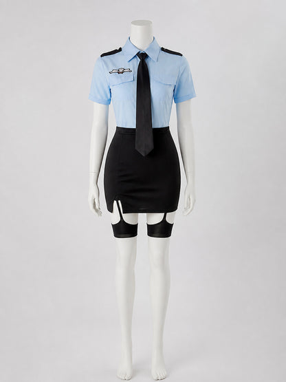 Women's Police Costume - Light Blue Shirt, Black Tie & Pencil Skirt Set