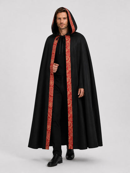 Black Gothic Hooded Cloak with Ornamental Trim