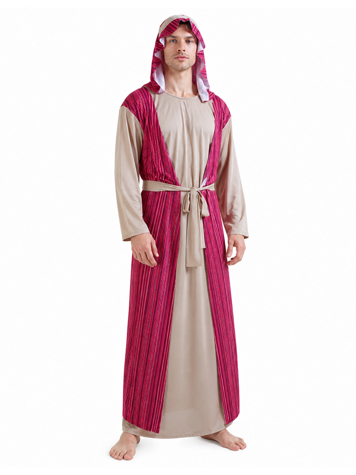 Hooded Halloween Cloak, Beige with Burgundy Stripes