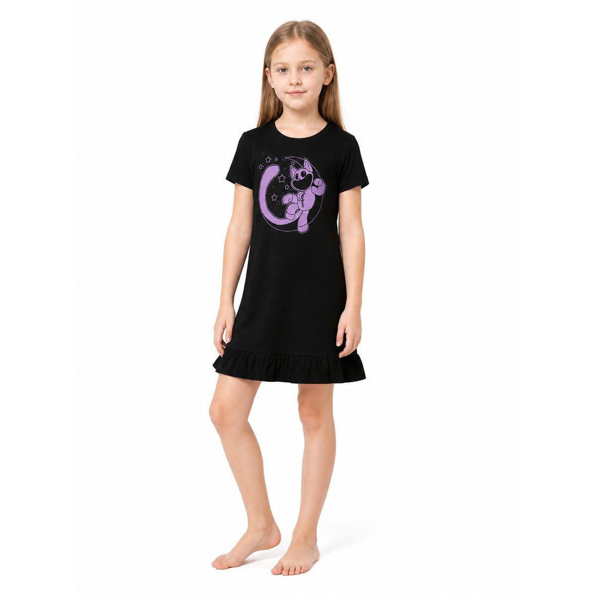 Black Dress with Purple Character Print and Ruffles Costume Dresses detail