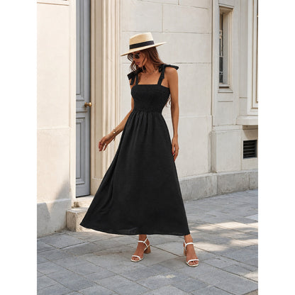 Women's black maxi dress with straps and a square neckline