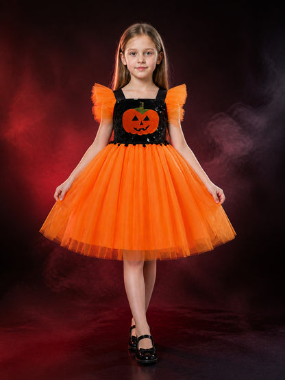 Girls' Pumpkin Halloween Princess Costume Dress, Sequined Bodice And Layered main product view