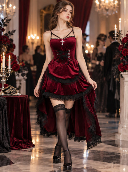 Red Gothic-Style Velvet Dress with Lace