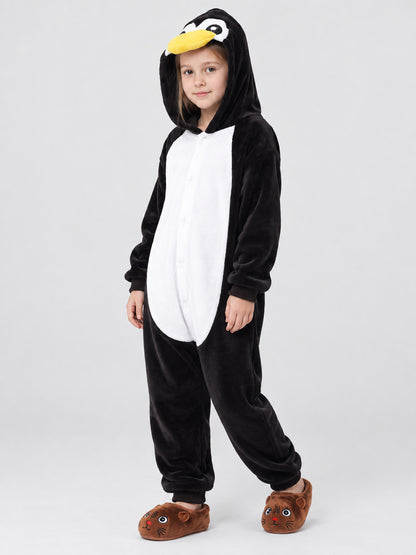 Black and white hooded pajama jumpsuit with animal face