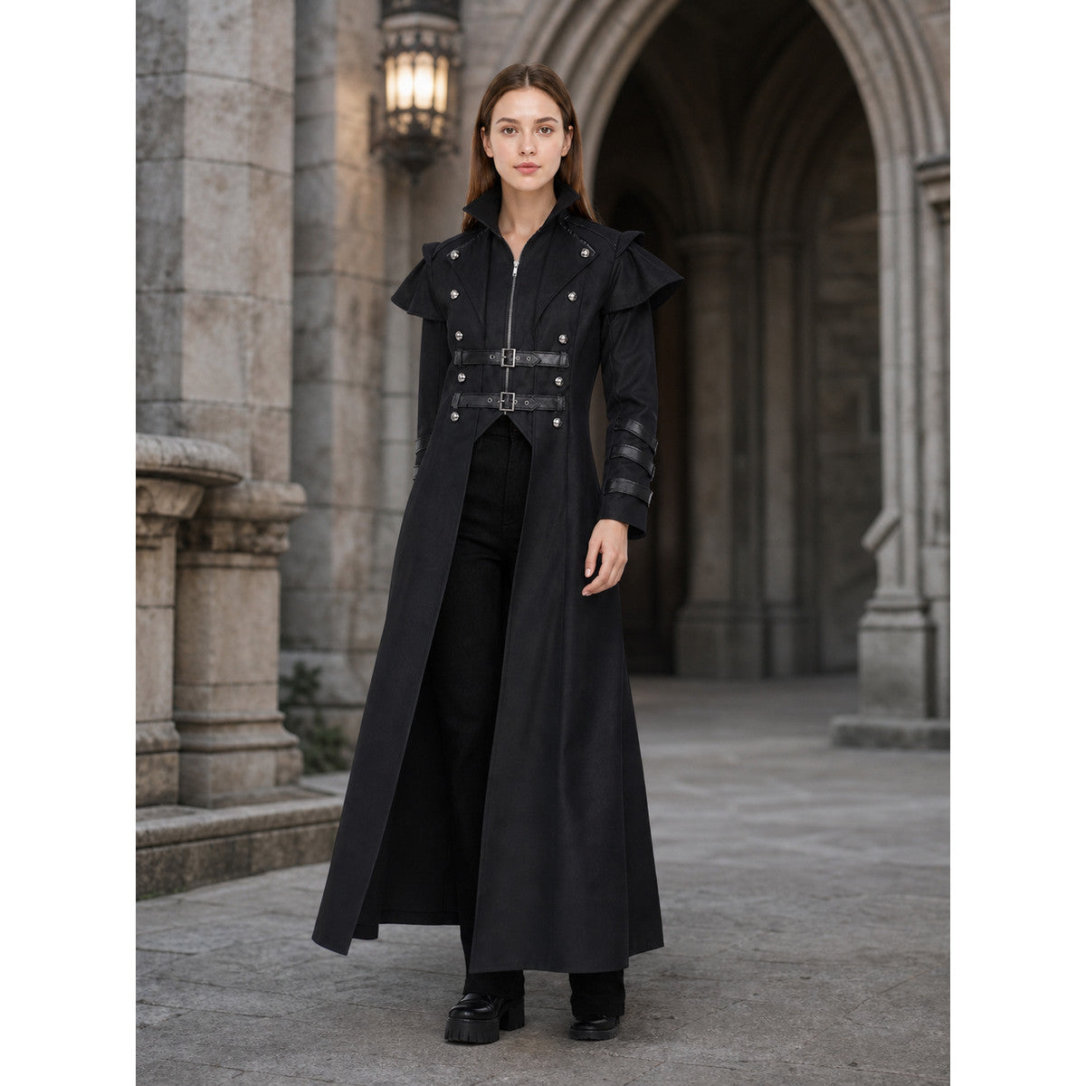 Gothic Coat with Stand Collar and Buckles lifestyle