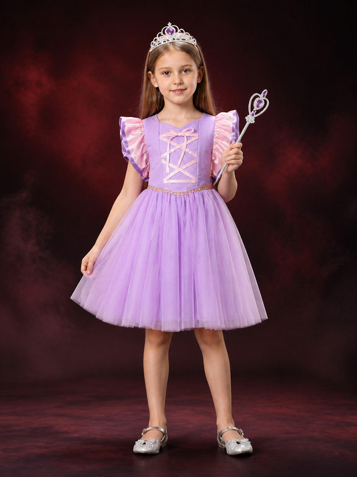 Girls Sofia Princess Purple Tutu Dress with Puff Sleeves and Cross Lace-Up