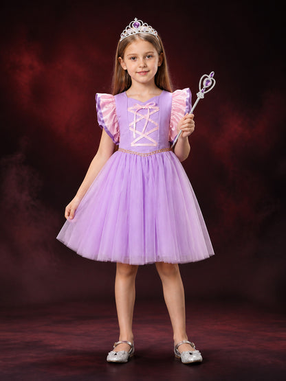 Girls Sofia Princess Purple Tutu Dress with Puff Sleeves and Cross Lace-Up
