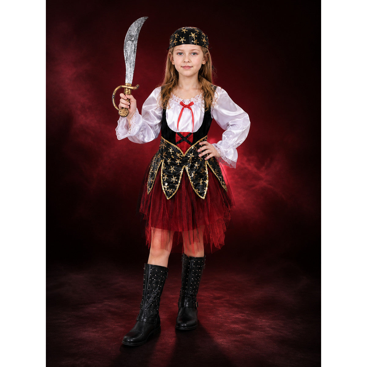 Kids Pirate Costume Set with Skull Print, Layered Skirt & Hat - Halloween main product view