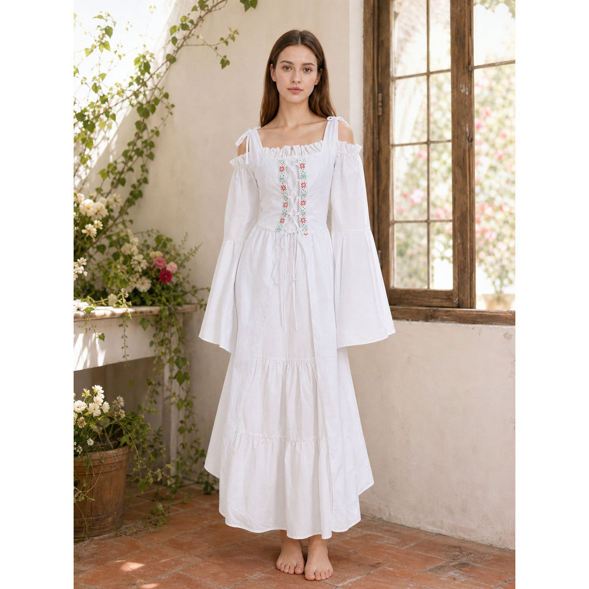 Retro-Style Embroidered Lace-Up Maxi Dress