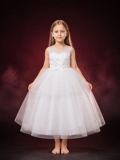 Girls' White Princess Dress, Sleeveless Layered Tulle Floor-Length Gown