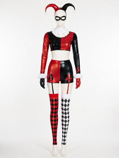 Women's Clown Circus Costume Set - Red Black Harlequin Outfit with Hat, Gloves &