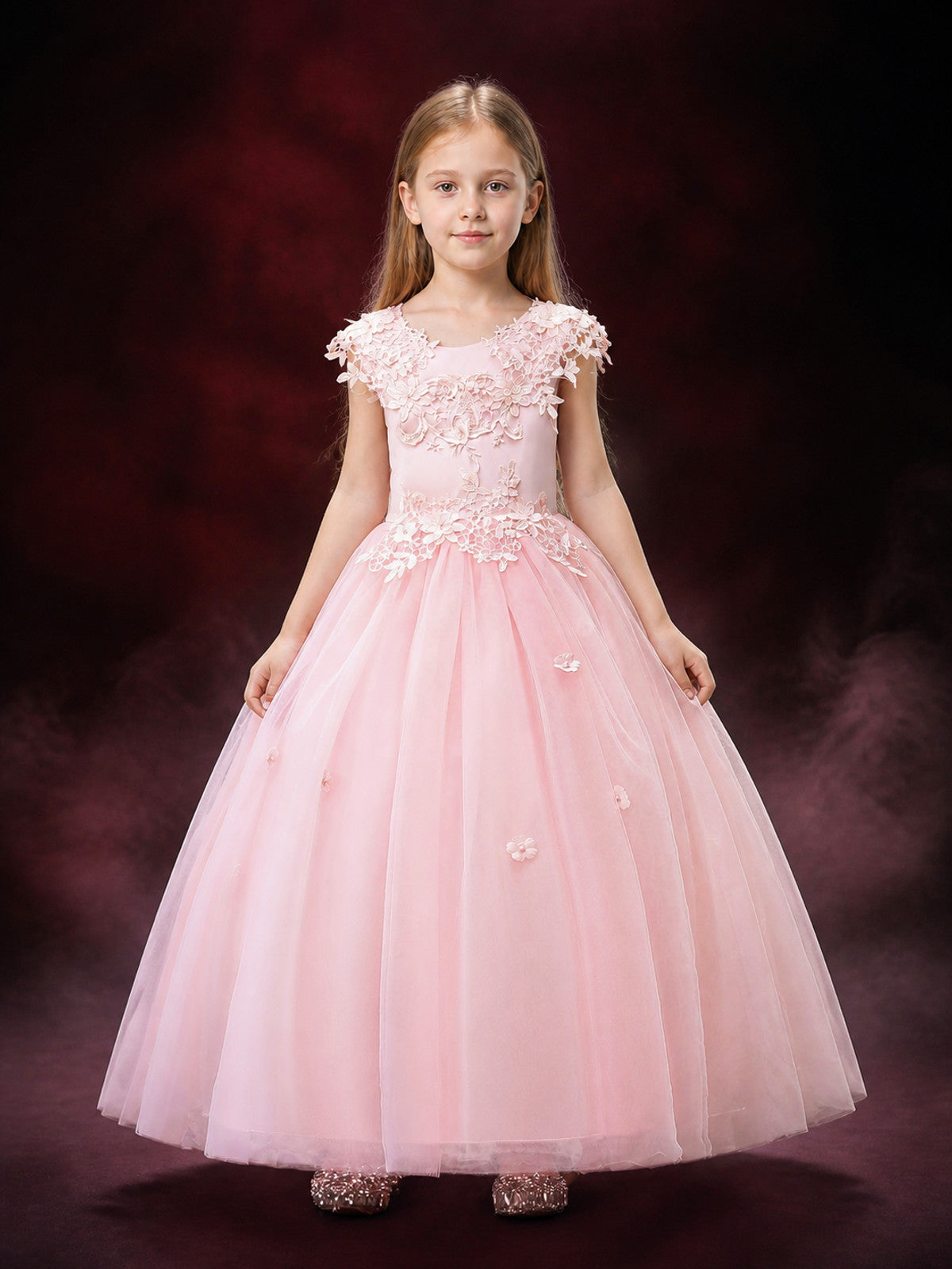 Girls' Pink Flower Girl Princess Dress With Floral Lace and Puffy Skirt main product view
