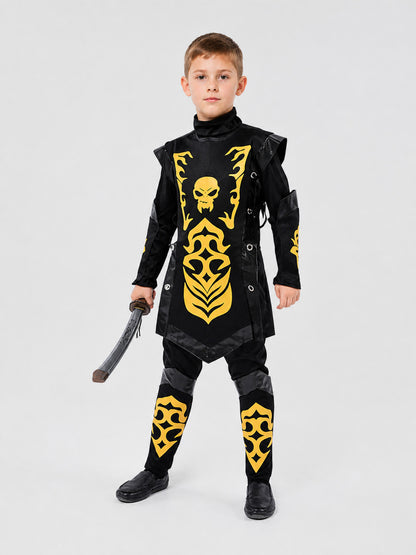 Black-and-Gold Ninja Costume with Mask and Gold Skull Costume Masks detail