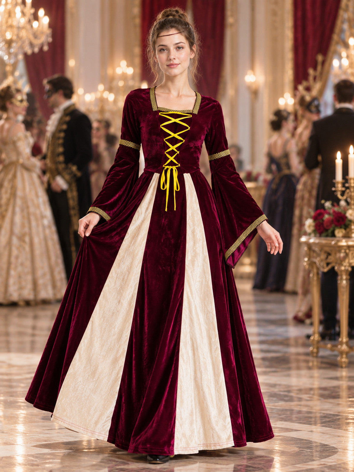 Carnival Dress with Yellow Lacing and a Flared Skirt
