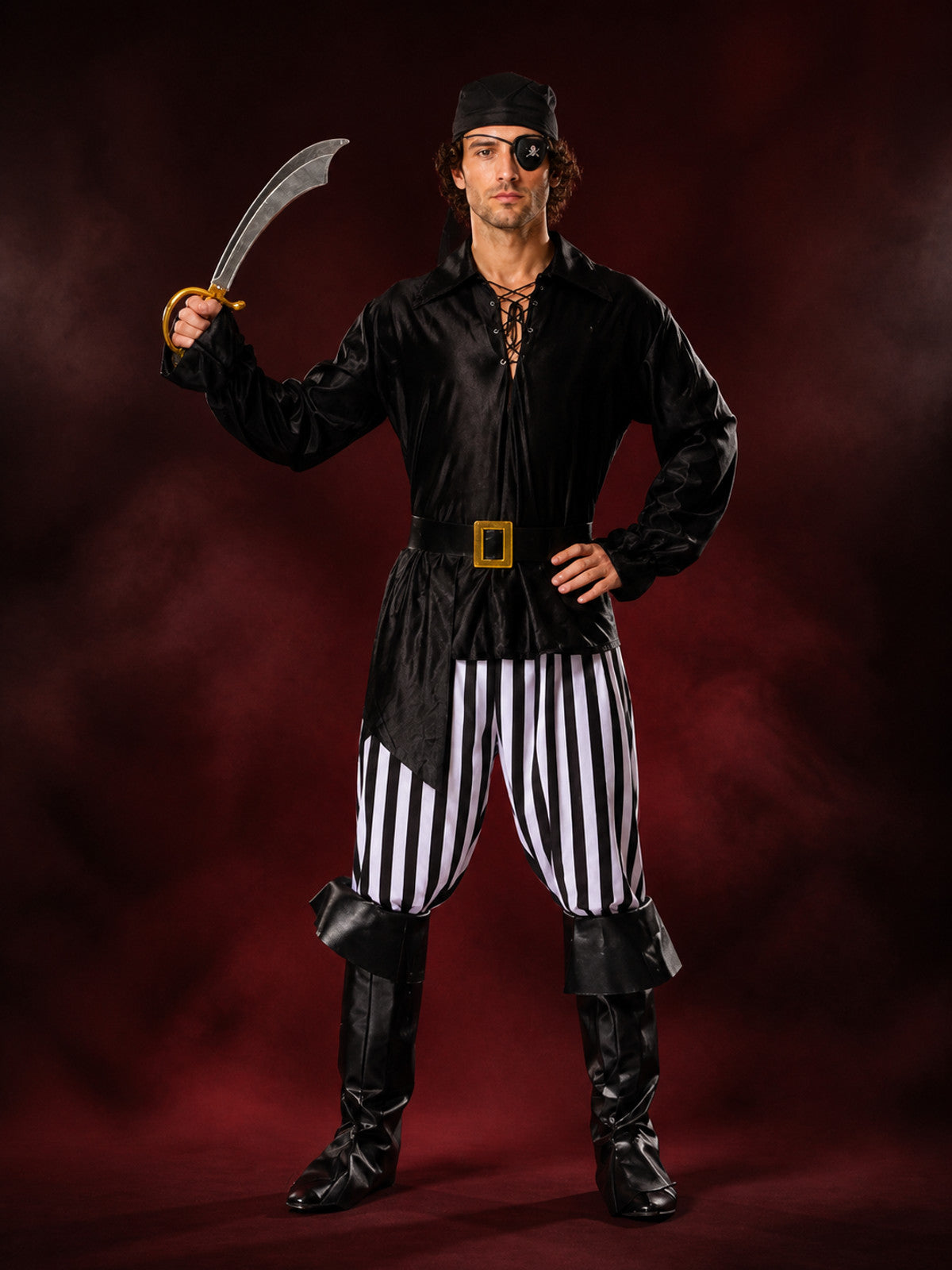 Men's Pirate Halloween Costume Set with Striped Pants and Boot Covers, Black