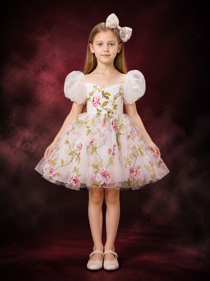Toddler Girls' White Floral Princess Dress Set with Puff Sleeves and Bow Hair main product view