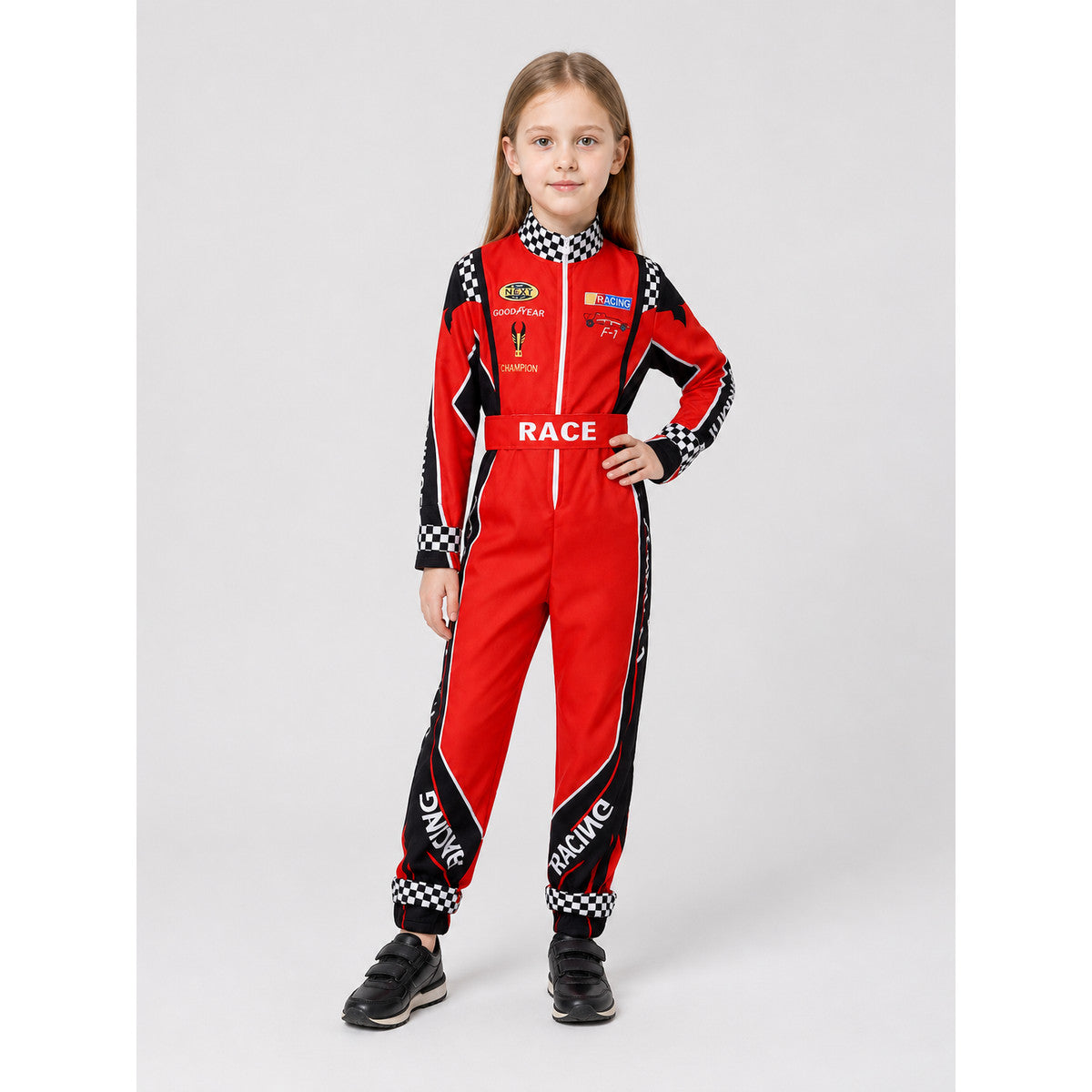 Red Racing Jumpsuit with Checkered Pattern, 110-XXXL lifestyle