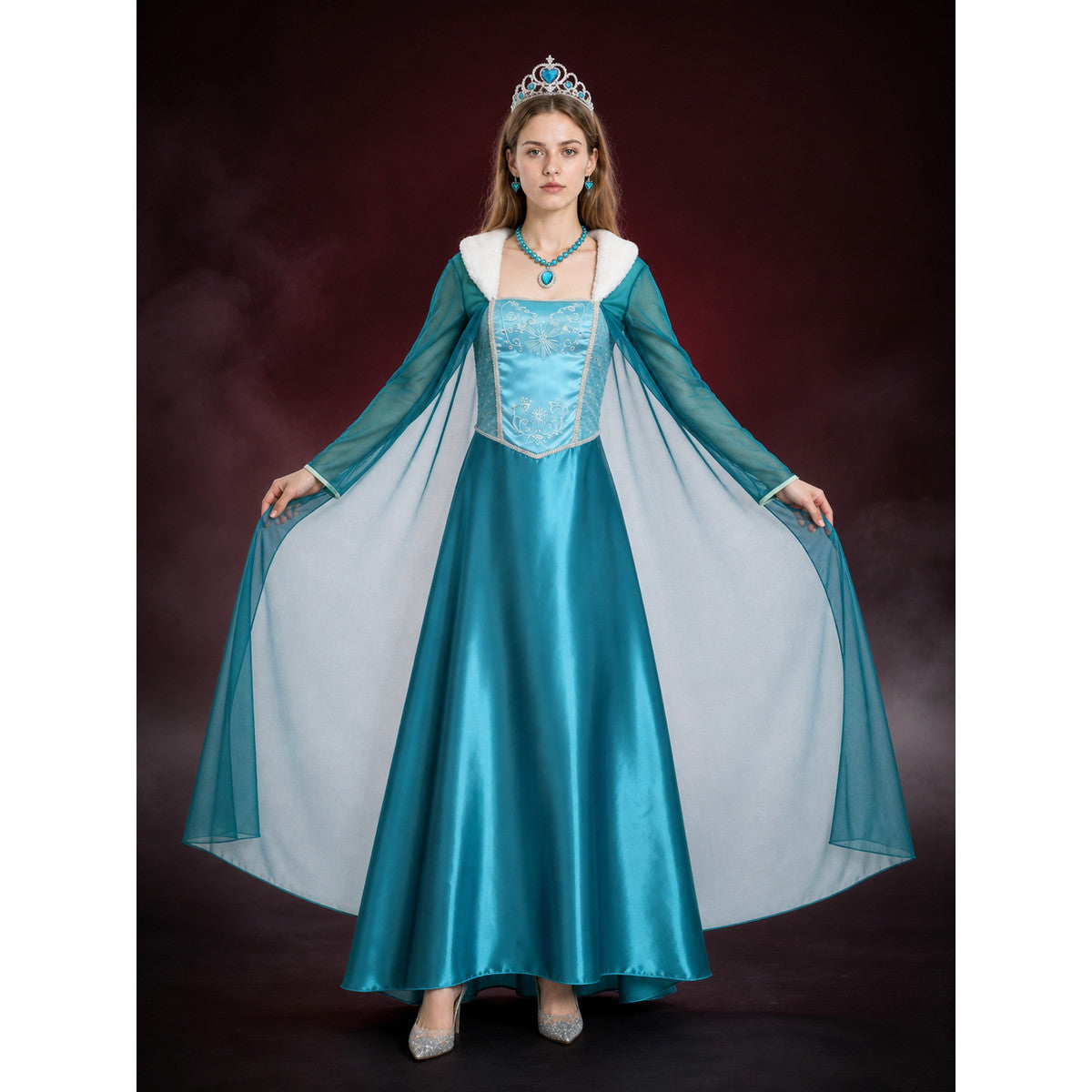 Women's Ice Princess Costume Dress with Cape, Jeweled Snowflake Details main product view