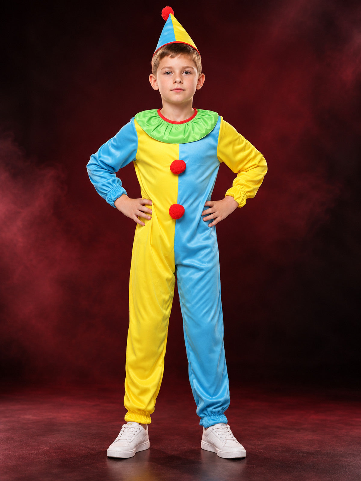 Kids' Clown Costume: Jumpsuit and Hat, Blue and Yellow