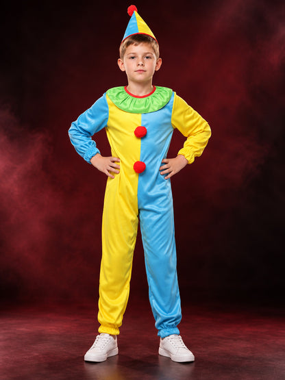 Kids' Clown Costume: Jumpsuit and Hat, Blue and Yellow