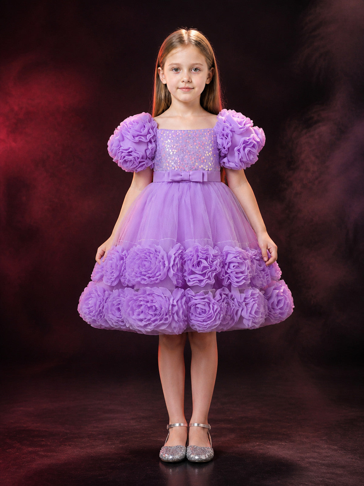 Toddler Girls' Purple Sequined Princess Dress with Puff Sleeves and Layered main product view