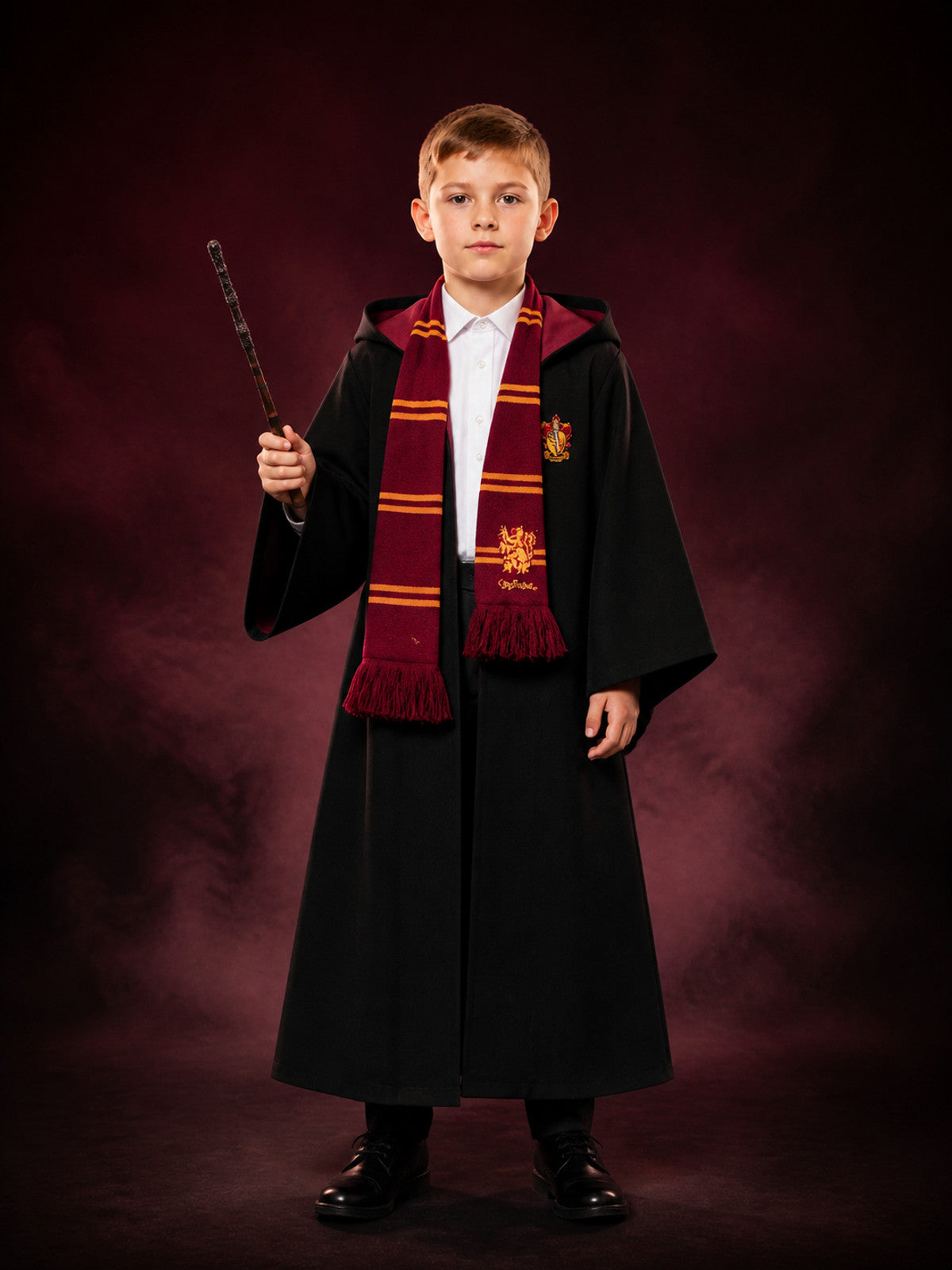 Lion Crest Wizard Robe Costume Set, Hooded Cloak With Scarf, Shirt And Wand
