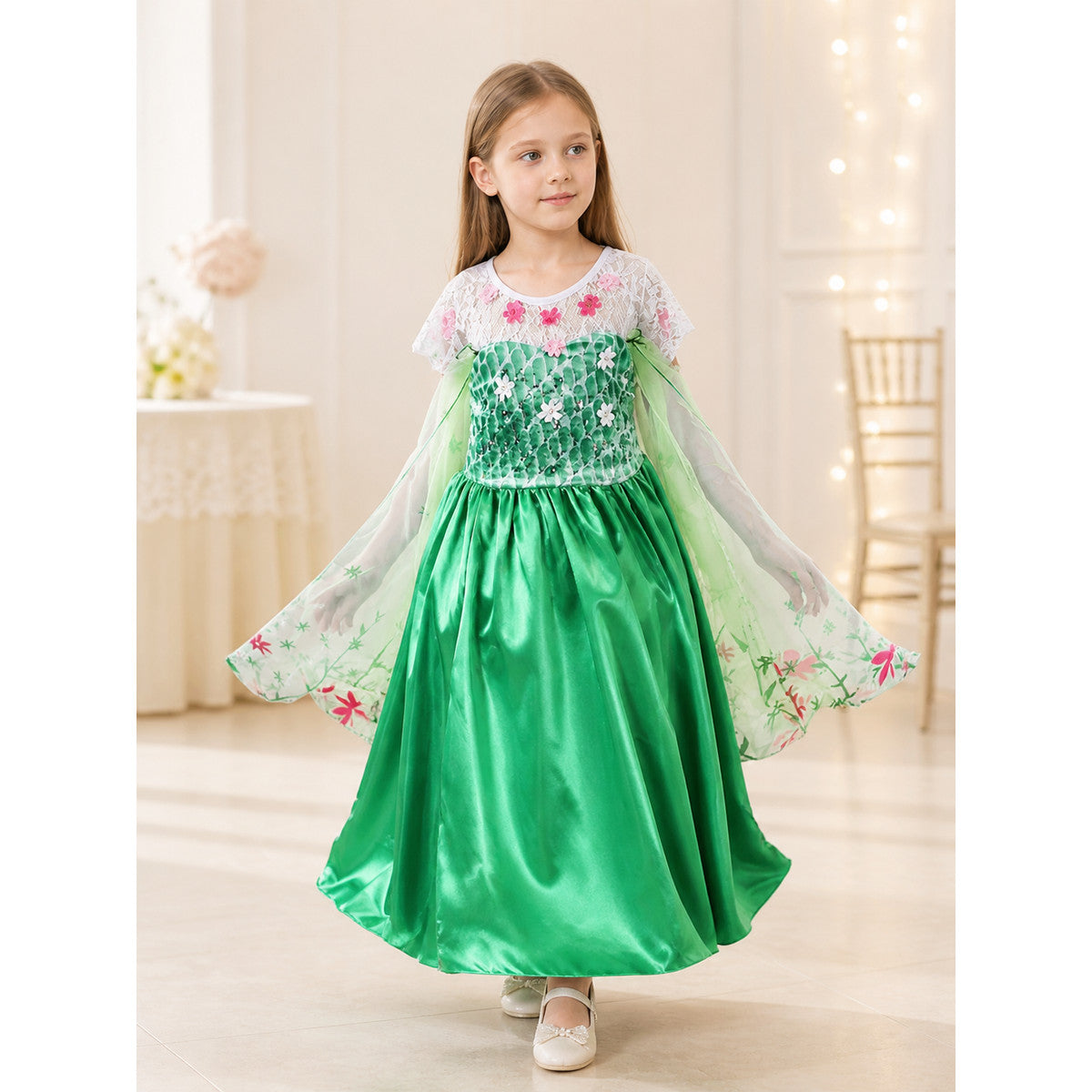 Green Princess Costume Dress with Flowers for Halloween