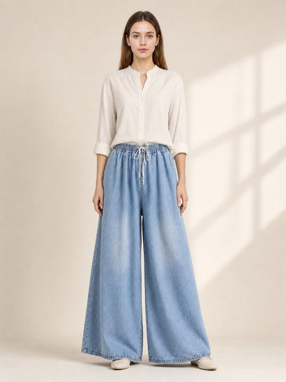 Light Blue Wide-Leg Pants with Drawstring and Pockets lifestyle view