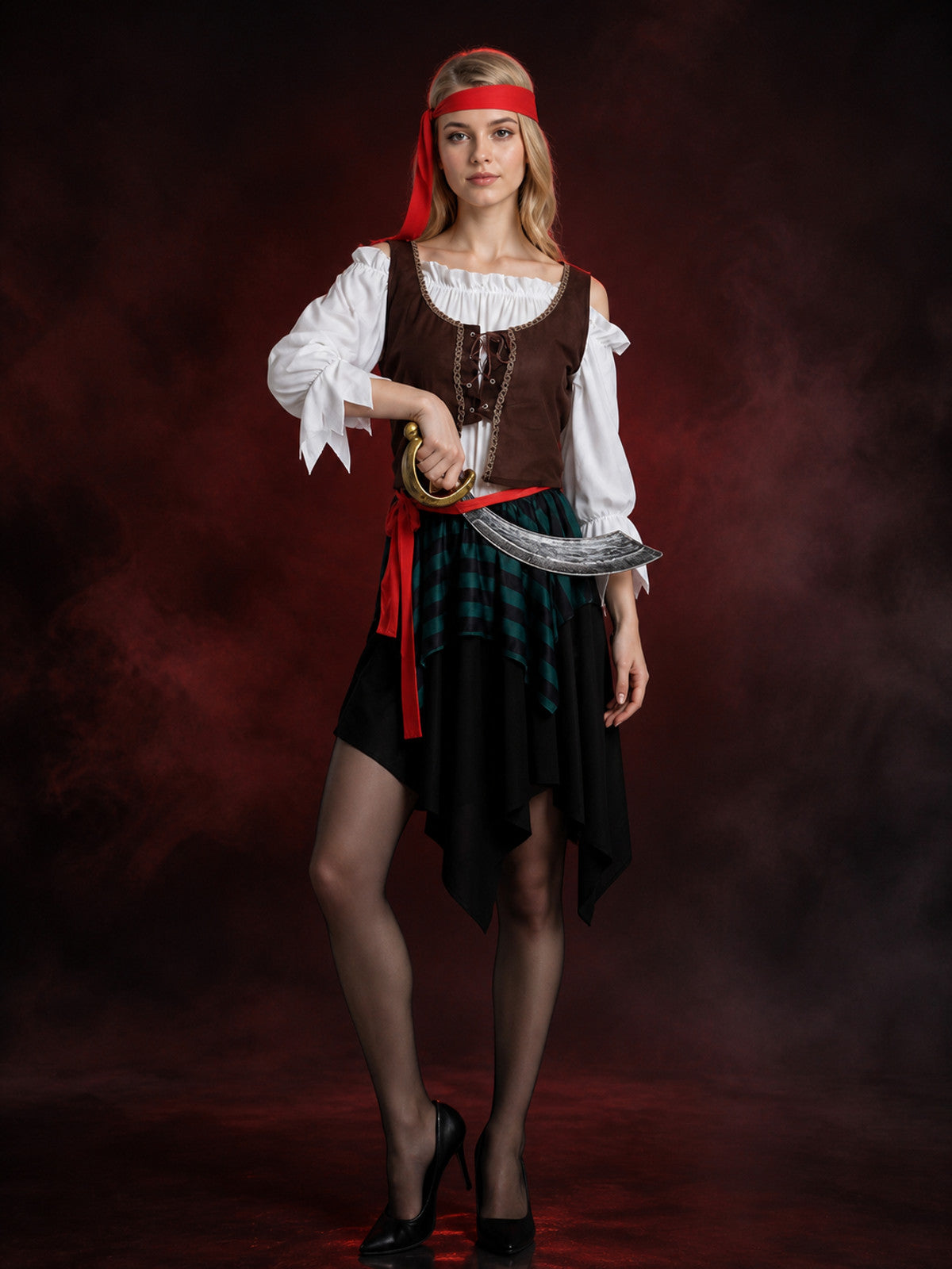Adult Pirate Costume Set with Layered Skirt, Vest, Headband and Belt main product view
