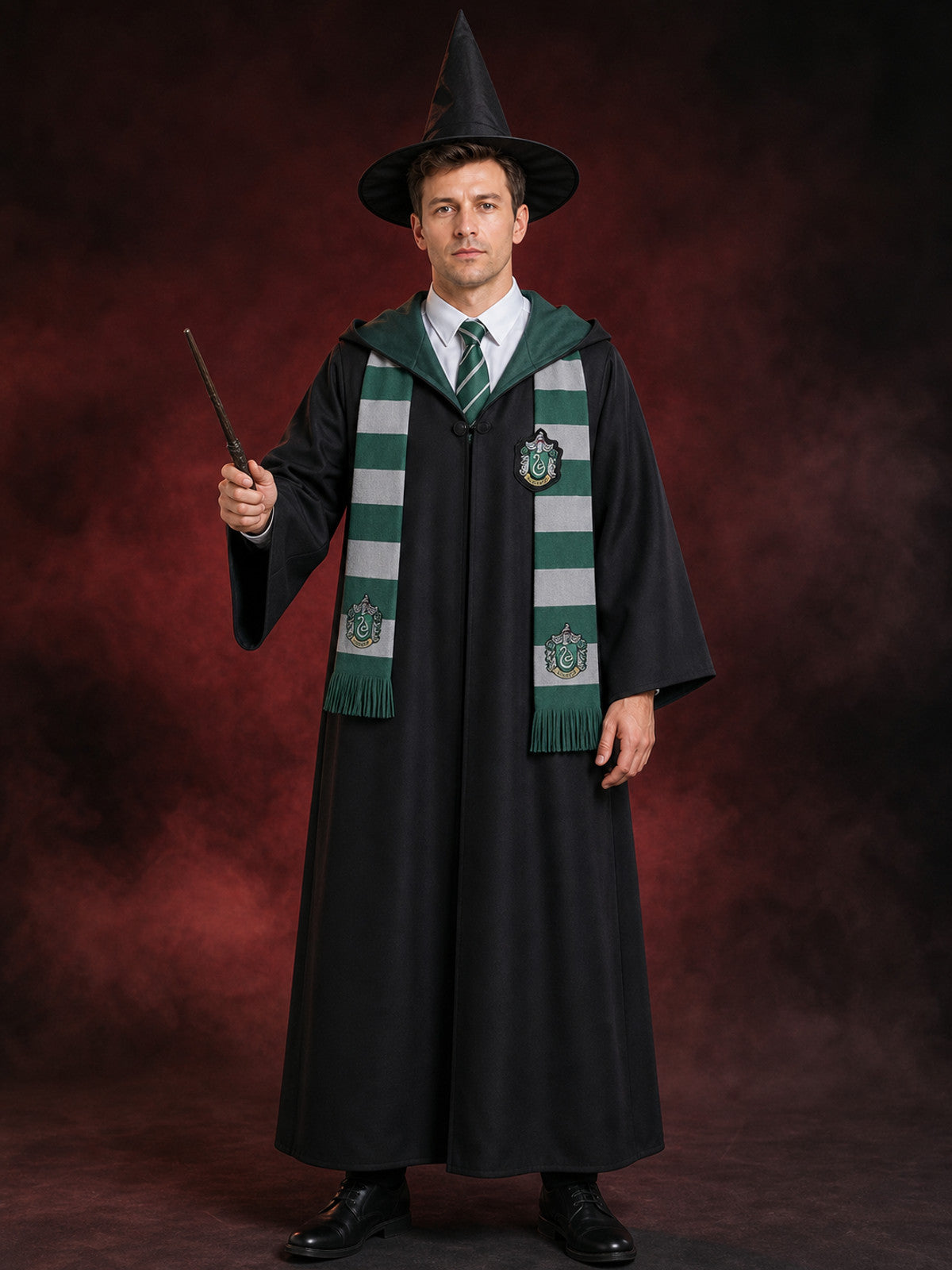 Slytherin Wizard Costume Set with Hooded Robe, Scarf, Tie, Hat, Shirt and Wand main product view