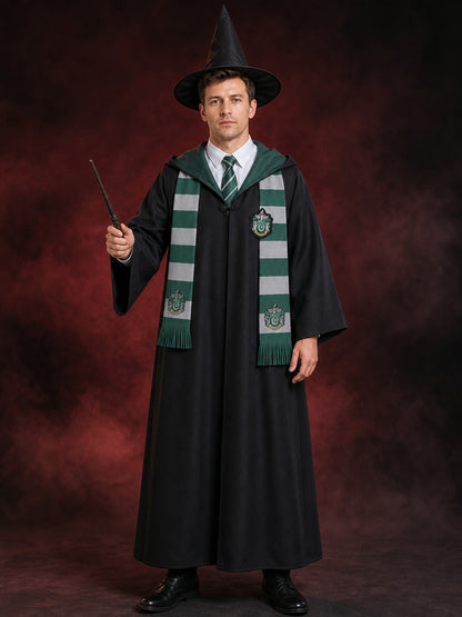Slytherin Wizard Costume Set with Hooded Robe, Scarf, Tie, Hat, Shirt and Wand main product view