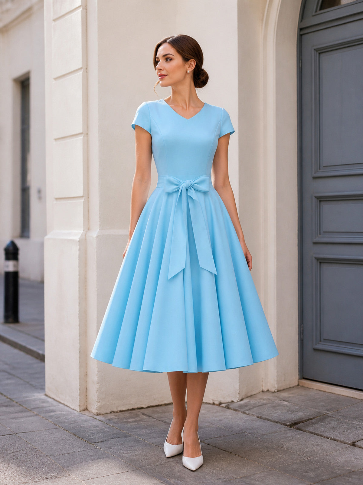 Light Blue Dress with V-Neck, Bow, and Full Skirt