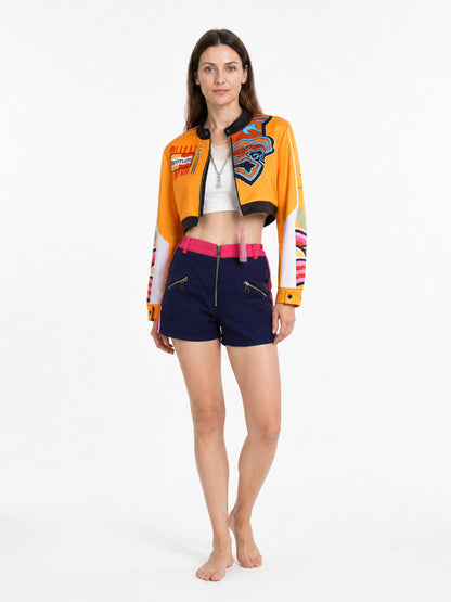 Rumi Cosplay Costume with Orange Jacket and Blue Shorts Costumes detail