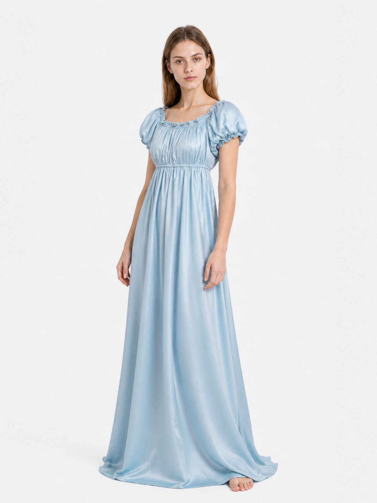 Light Blue Floor-Length Ball Dress with Puff Sleeves