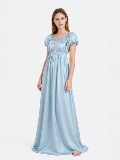 Light Blue Floor-Length Ball Dress with Puff Sleeves