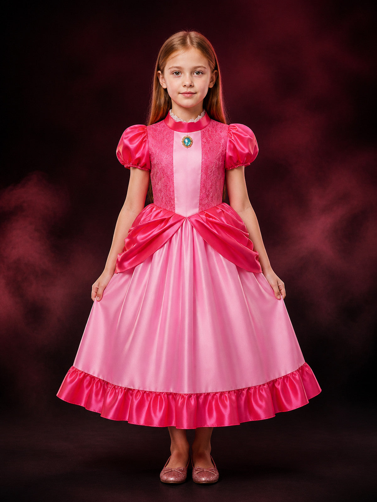 Kids Pink Princess Halloween Costume Dress, Lace Ball Gown with Ruffles main product view